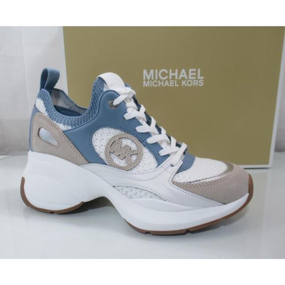 Michael Kors Zuma Knit Trainer Sporty Wedge Lace Up Sneakers White Blue - Picture 1 of 7